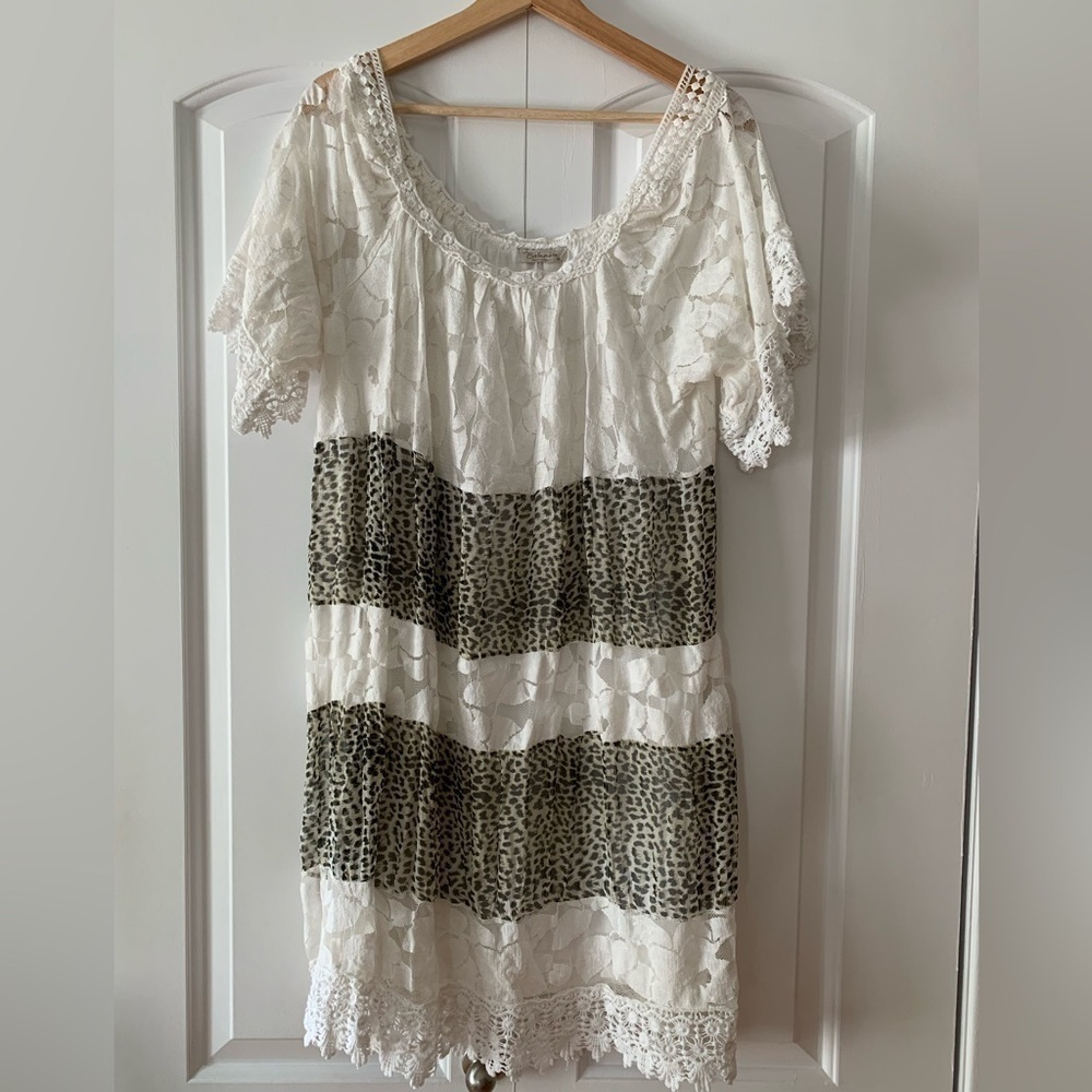 Bellambra Dress Silk Blend Animal Print White Short Sleeves Boho Italy Medium